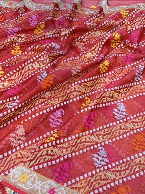 Red Banarasi Kora Jamdani Silk Handwoven Saree
