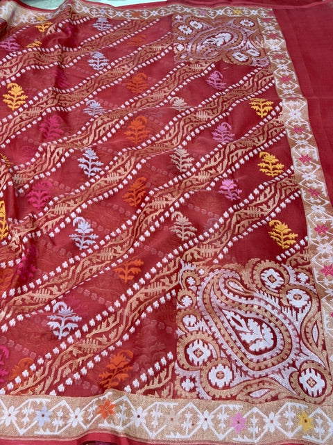 Red Banarasi Kora Jamdani Silk Handwoven Saree