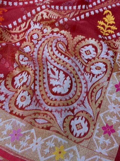 Red Banarasi Kora Jamdani Silk Handwoven Saree