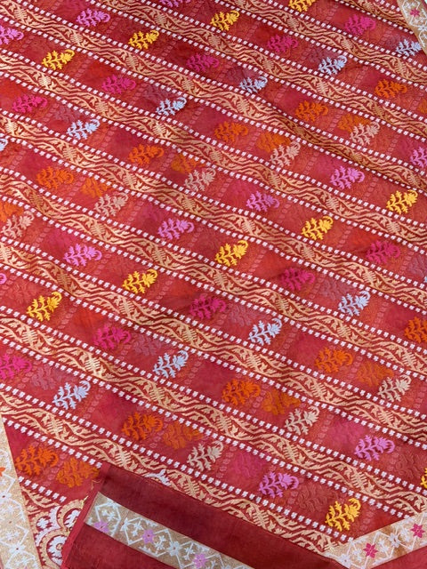 Red Banarasi Kora Jamdani Silk Handwoven Saree