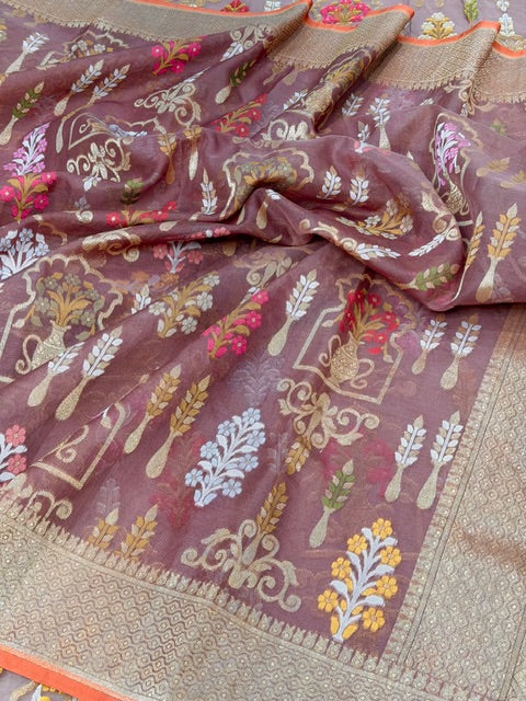 Brown Banarasi Kora Jamdani Silk Handwoven Saree