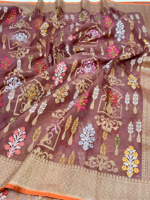 Brown Banarasi Kora Jamdani Silk Handwoven Saree