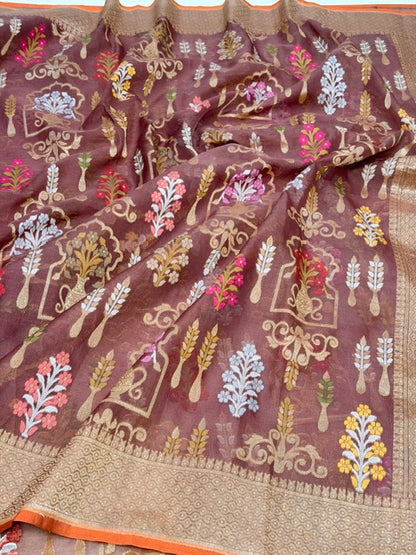 Brown Banarasi Kora Jamdani Silk Handwoven Saree
