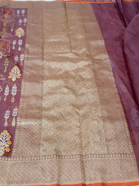 Brown Banarasi Kora Jamdani Silk Handwoven Saree