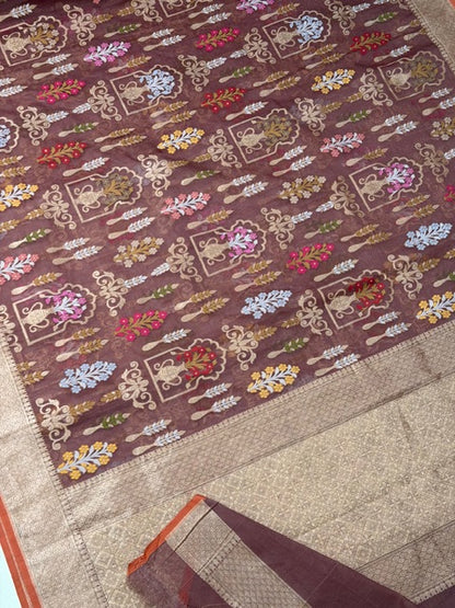 Brown Banarasi Kora Jamdani Silk Handwoven Saree