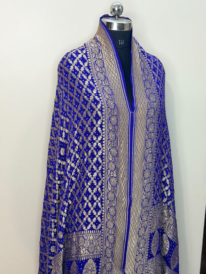 Royal Blue Chiffon Banarasi Dupatta with Gold Zari Weaving
