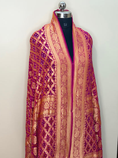 Rani Pink Chiffon Banarasi Dupatta with Gold Zari Weaving