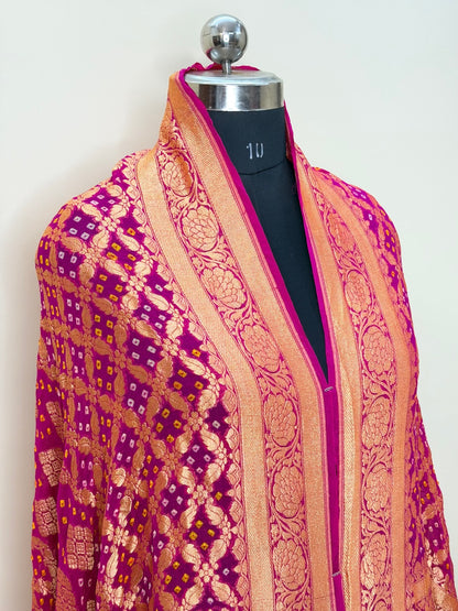 Rani Pink Chiffon Banarasi Dupatta with Gold Zari Weaving