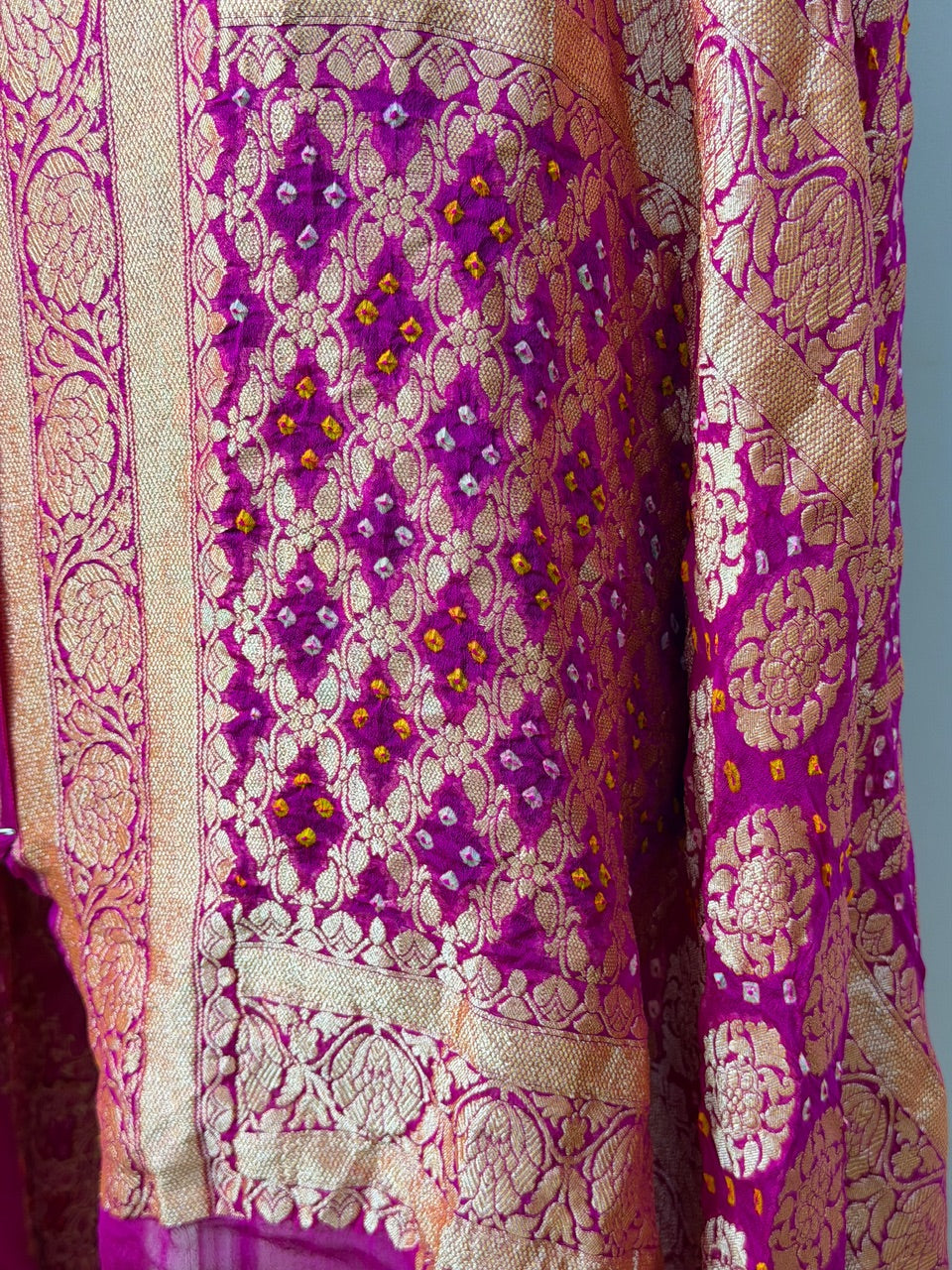 Rani Pink Chiffon Banarasi Dupatta with Gold Zari Weaving