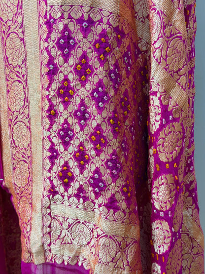 Rani Pink Chiffon Banarasi Dupatta with Gold Zari Weaving