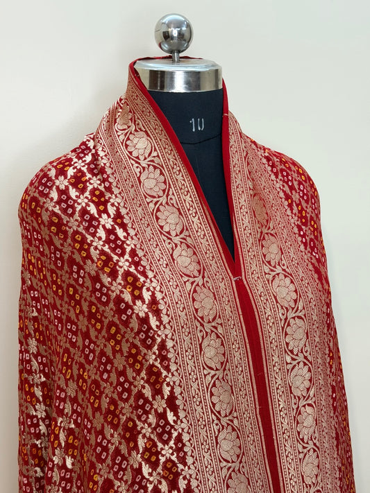 Red Chiffon Banarasi Dupatta with Gold Zari Weaving
