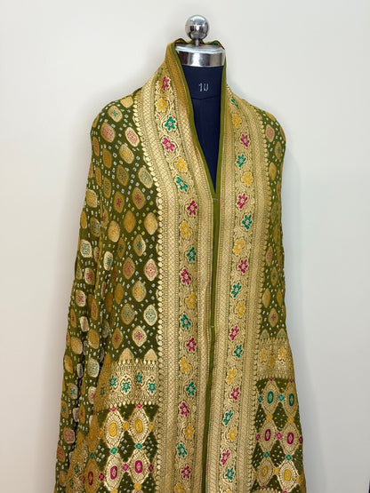 Olive Green Banarasi Dupatta with Gold Zari Weaving
