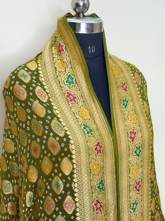 Olive Green Banarasi Dupatta with Gold Zari Weaving