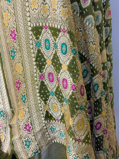 Olive Green Banarasi Dupatta with Gold Zari Weaving
