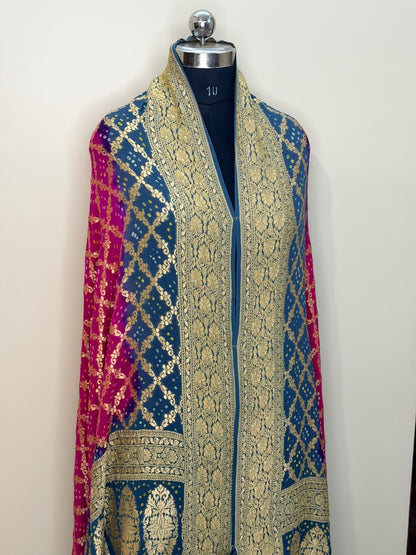 Teal Blue & Pink Banarasi Chiffon Dupatta with Gold Zari Border