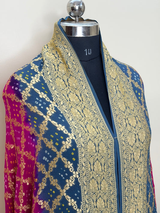 Teal Blue & Pink Banarasi Chiffon Dupatta with Gold Zari Border