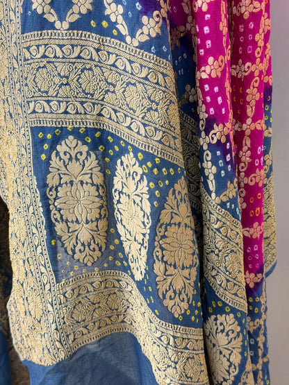 Teal Blue & Pink Banarasi Chiffon Dupatta with Gold Zari Border