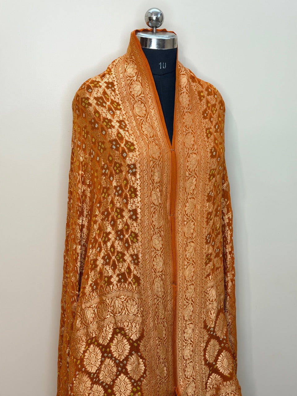 Orange Banarasi Chiffon Dupatta with Gold Zari Border