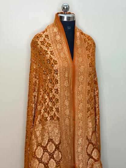 Orange Banarasi Chiffon Dupatta with Gold Zari Border