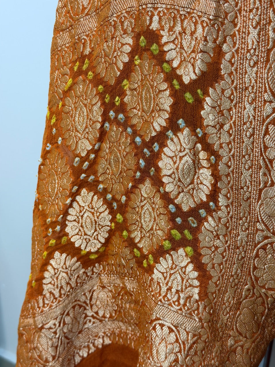 Orange Banarasi Chiffon Dupatta with Gold Zari Border