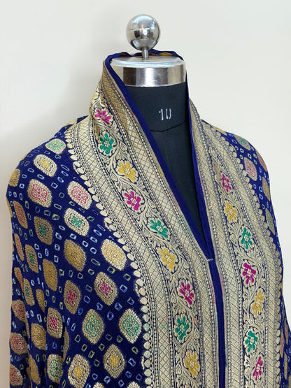 Royal Blue Banarasi Chiffon Dupatta with Gold Zari Work
