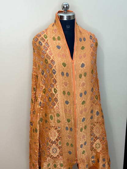 Peach Banarasi Chiffon Dupatta with Gold Zari Work