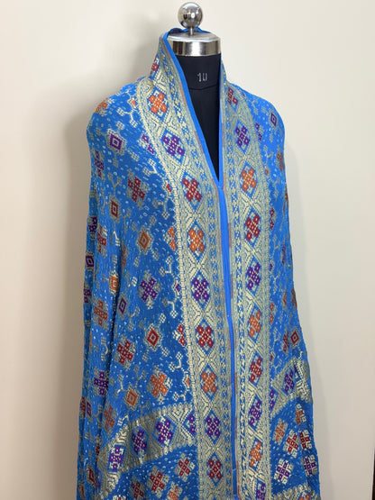 Blue Banarasi Chiffon Dupatta with Gold Zari Work