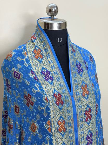 Blue Banarasi Chiffon Dupatta with Gold Zari Work