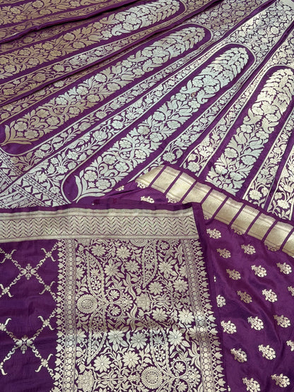 Wine Banarasi Katan Silk Lehenga with Silver Zari Weaving | Bridal & Festive Ethnic Wear