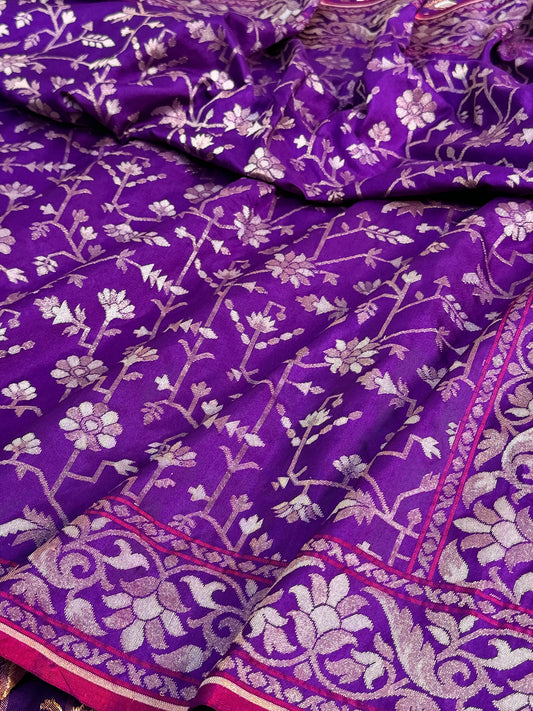 Purple Pure Banarasi Ektara Jamdani Silk Handwoven Saree
