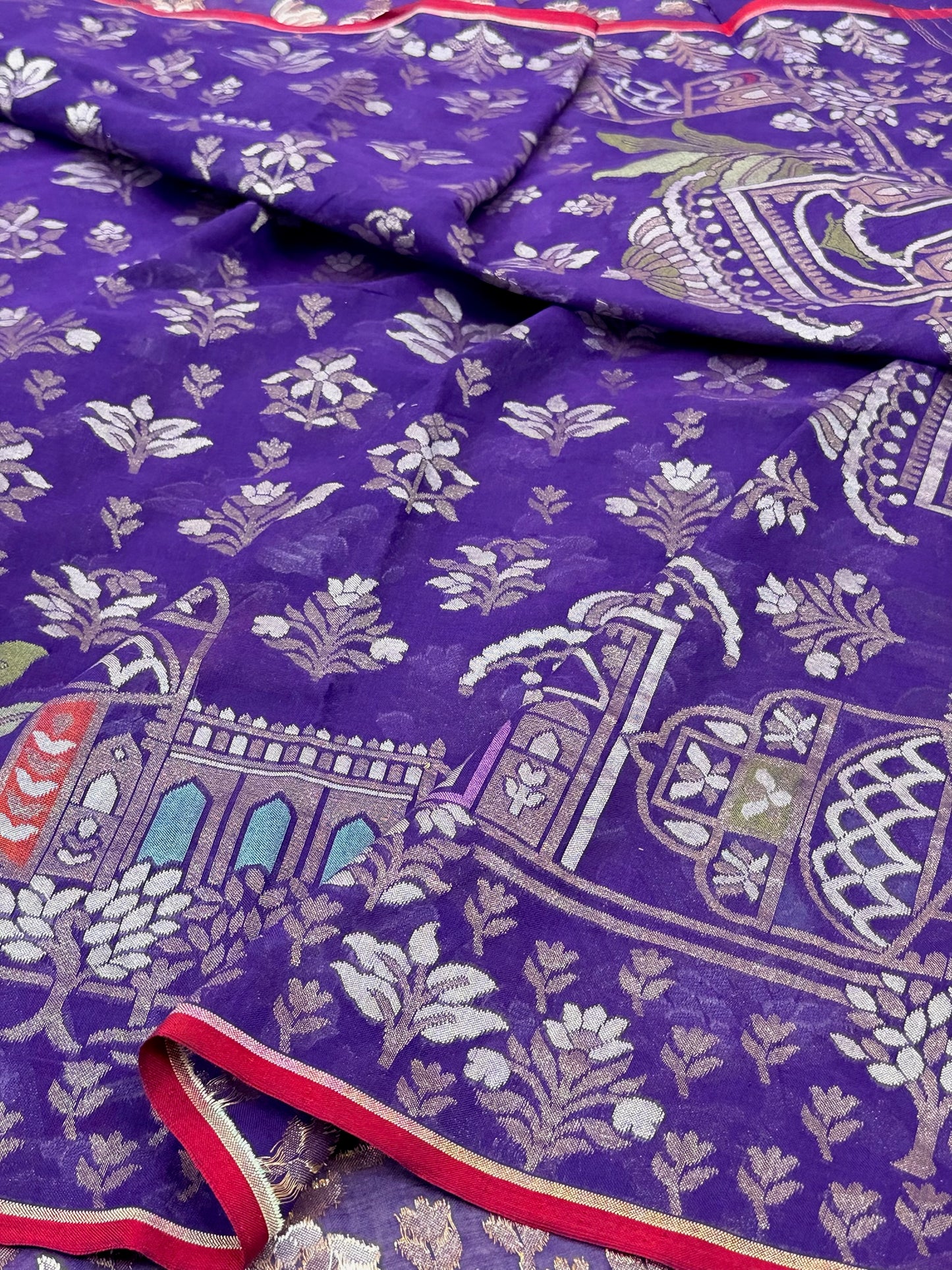 Purple Pure Muslin Cotton Jamdani Silk Saree