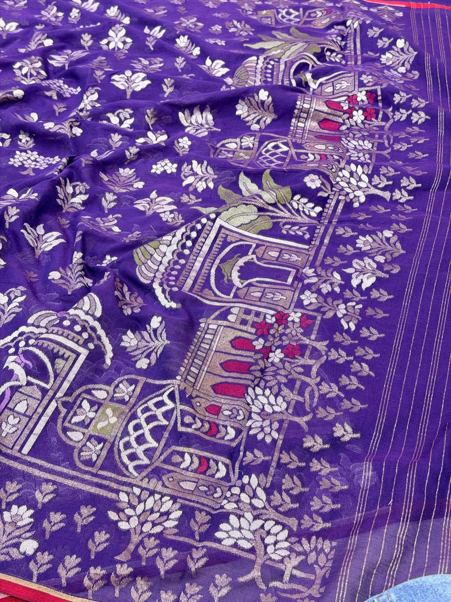 Purple Pure Muslin Cotton Jamdani Silk Saree