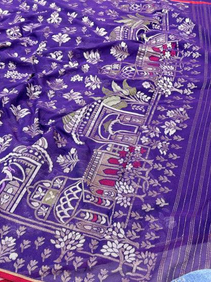 Purple Pure Muslin Cotton Jamdani Silk Saree