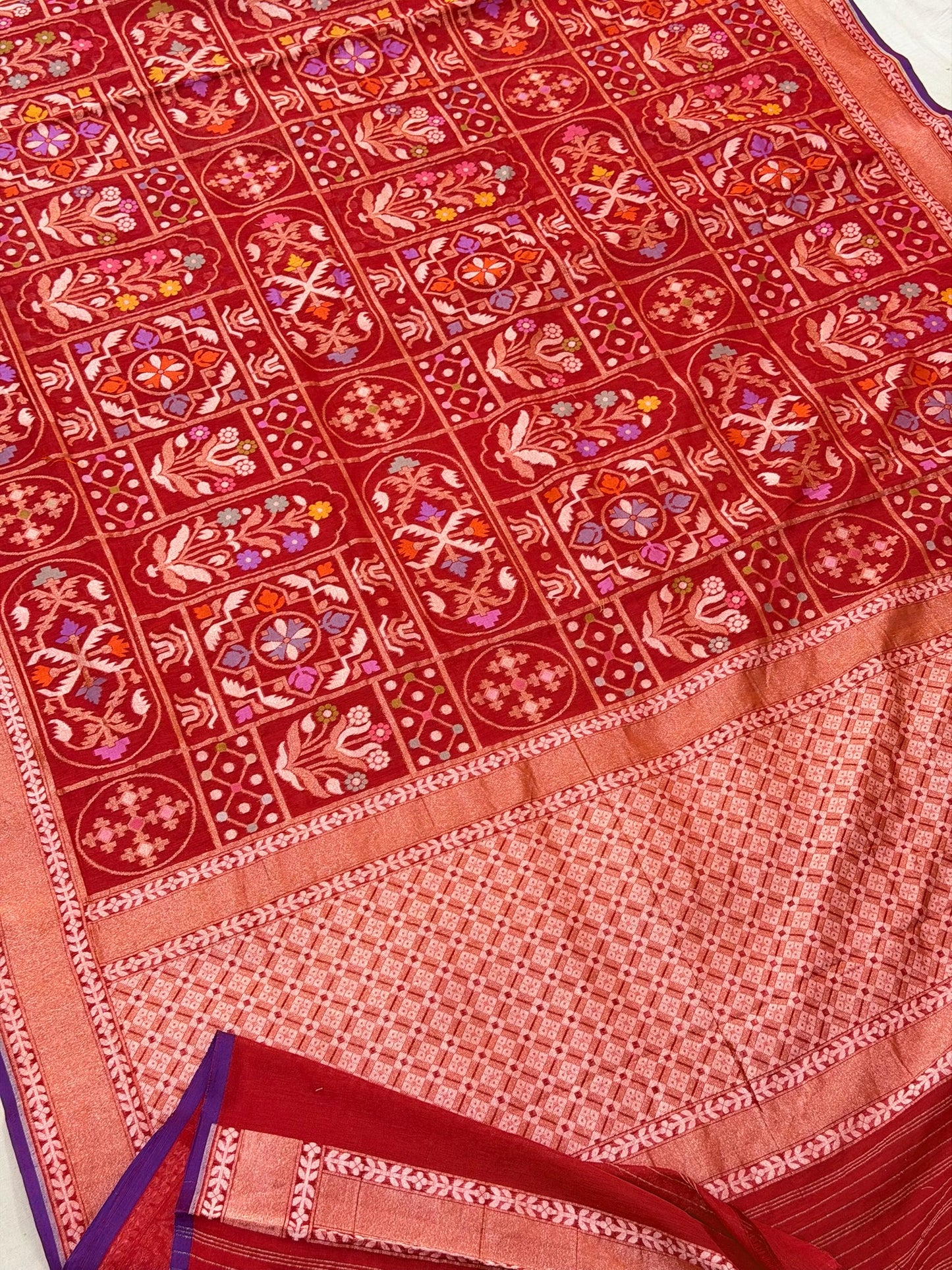 Red Pure Muslin Cotton Jamdani Silk Saree