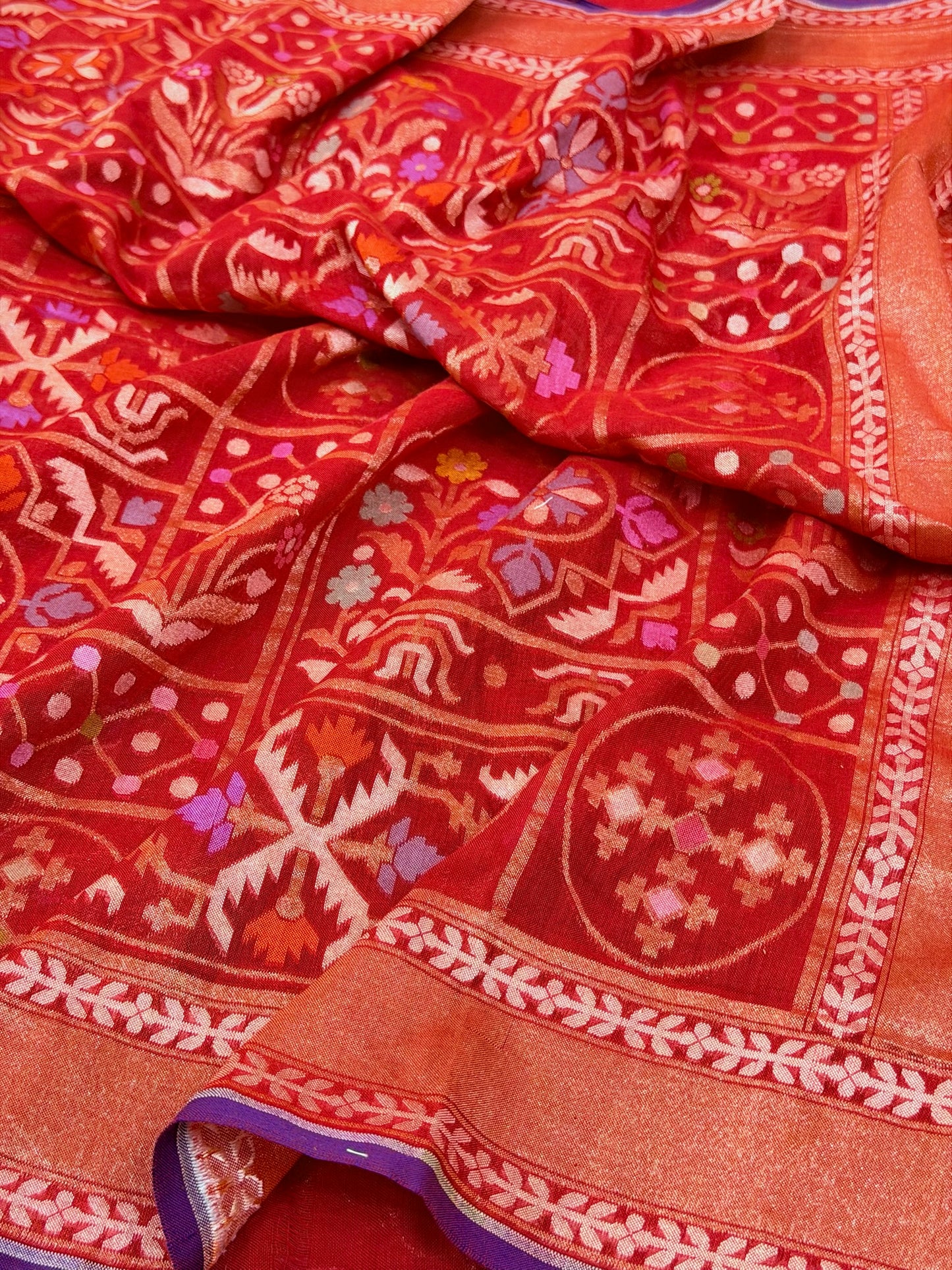 Red Pure Muslin Cotton Jamdani Silk Saree