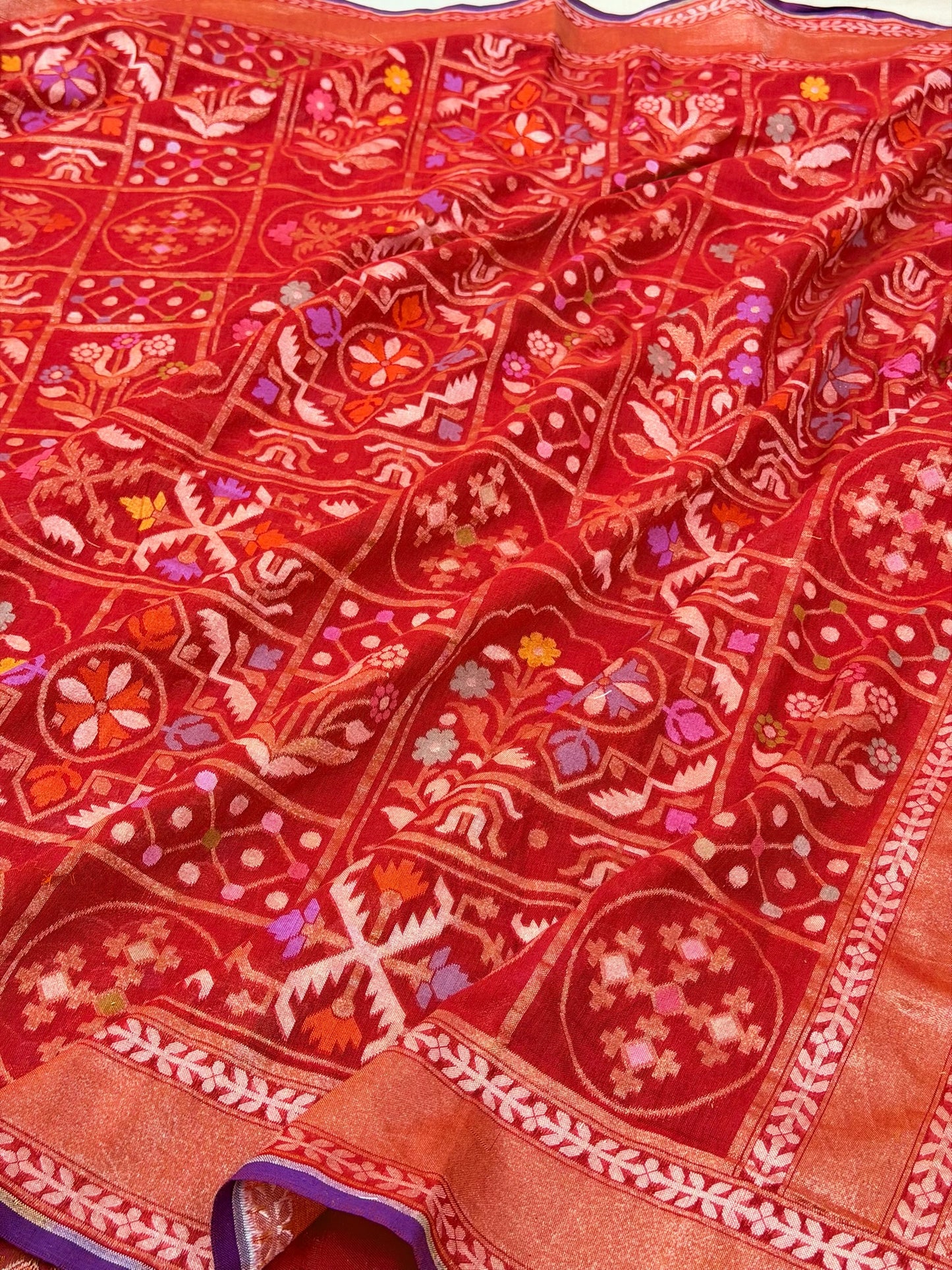 Red Pure Muslin Cotton Jamdani Silk Saree