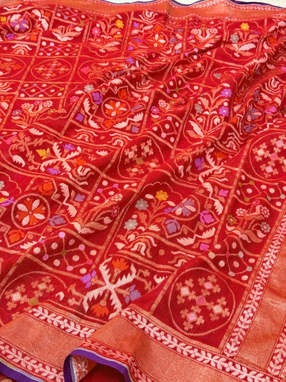 Red Pure Muslin Cotton Jamdani Silk Saree