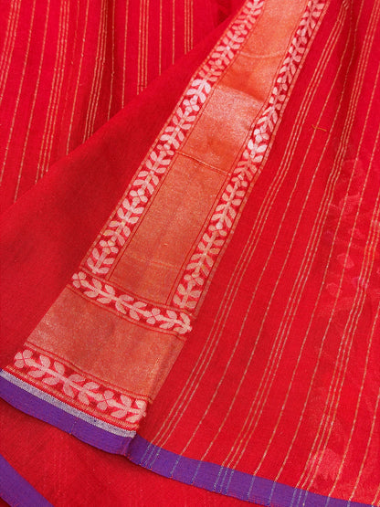 Red Pure Muslin Cotton Jamdani Silk Saree