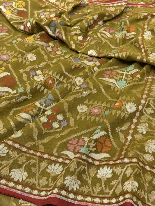 Mehndi Green Pure Muslin Cotton Jamdani Silk Saree