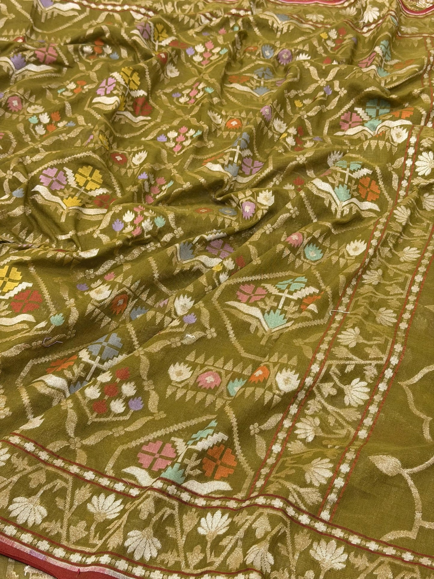Mehndi Green Pure Muslin Cotton Jamdani Silk Saree