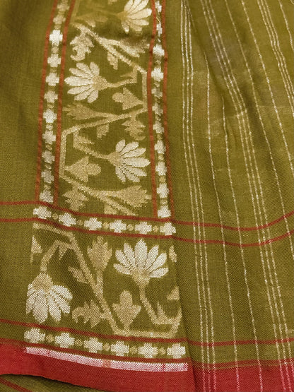 Mehndi Green Pure Muslin Cotton Jamdani Silk Saree