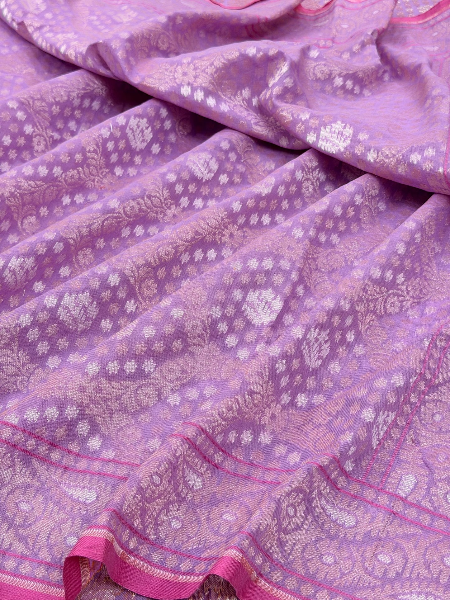 Lavender Pure Muslin Cotton Jamdani Silk Saree