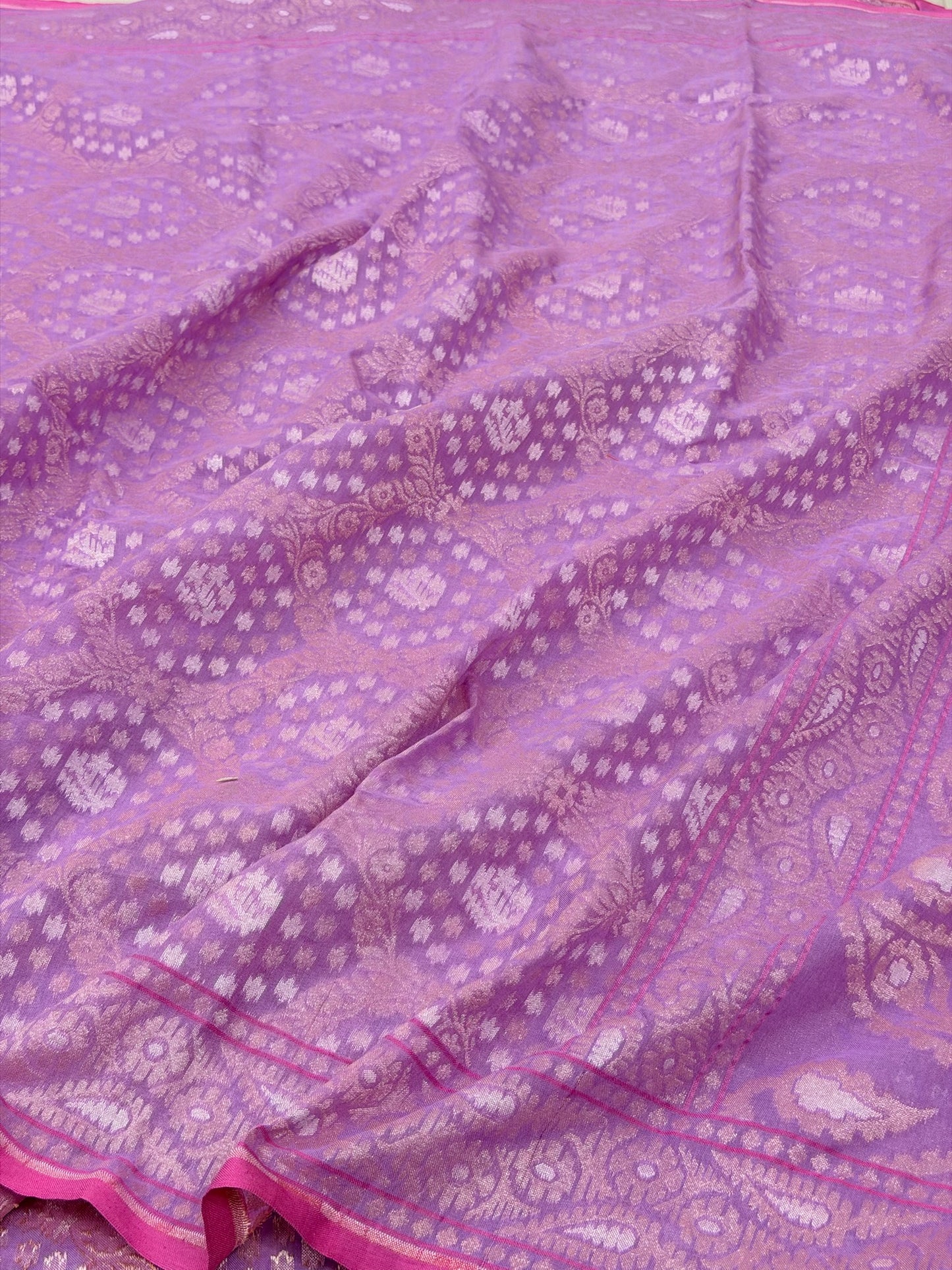 Lavender Pure Muslin Cotton Jamdani Silk Saree