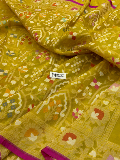 Lime Green Banarasi Kora Jamdani Silk Handwoven Saree
