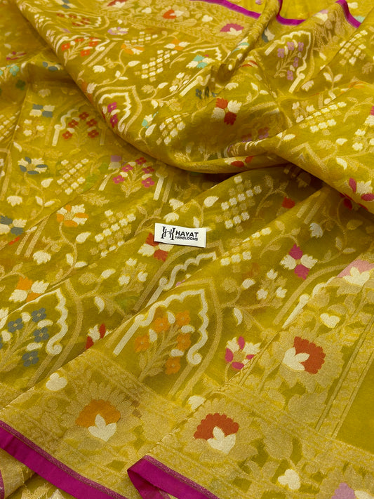Lime Green Banarasi Kora Jamdani Silk Handwoven Saree