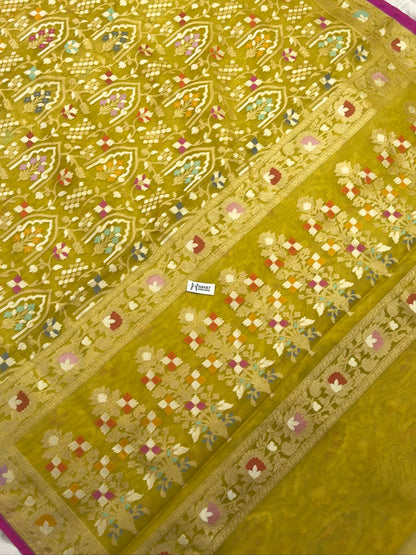 Lime Green Banarasi Kora Jamdani Silk Handwoven Saree