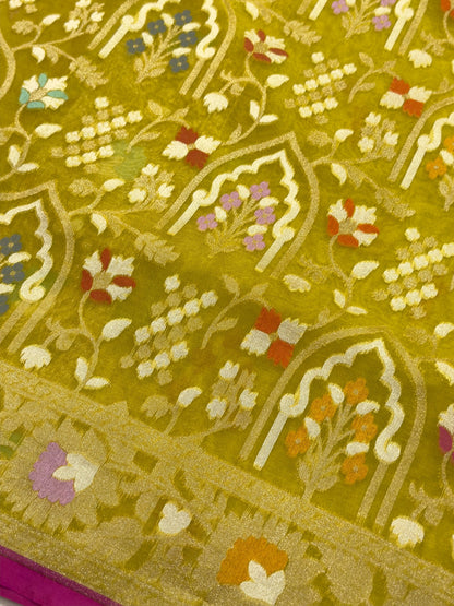 Lime Green Banarasi Kora Jamdani Silk Handwoven Saree