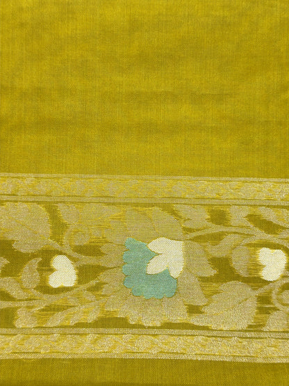 Lime Green Banarasi Kora Jamdani Silk Handwoven Saree