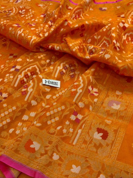 Orange Banarasi Kora Jamdani Silk Handwoven Saree