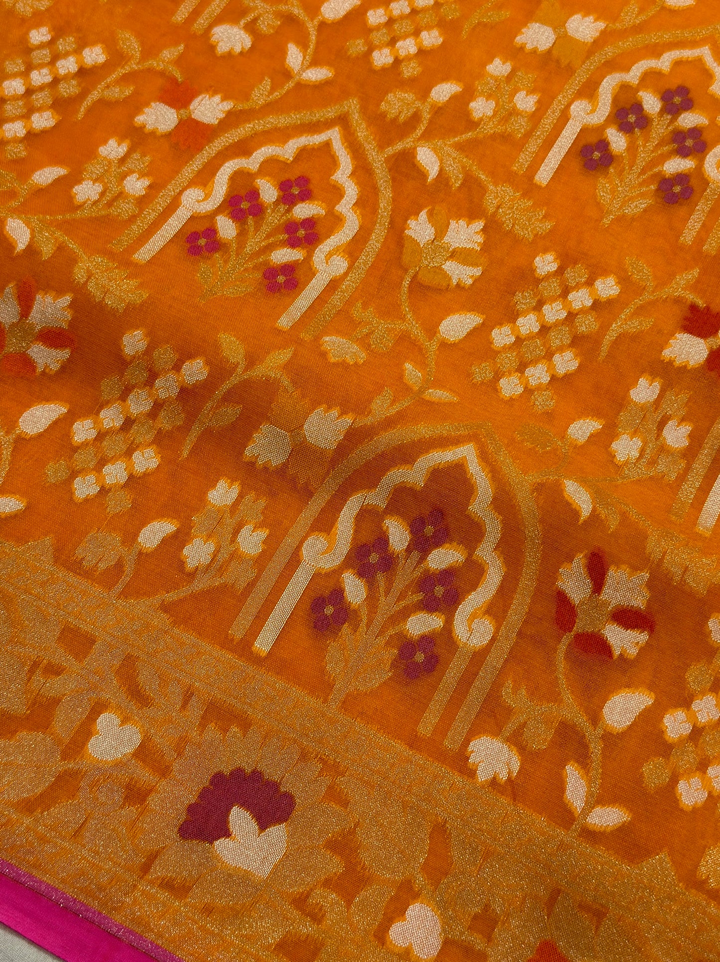 Orange Banarasi Kora Jamdani Silk Handwoven Saree
